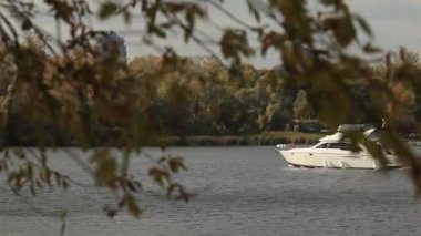 Sonbahar yaprakları aracılığıyla Nehri boyunca beyaz tekne yelken. Güzel tekne nehirde yüzüyor. Beyaz tekne sonbahar aracılığıyla Nehri üzerinde yüzen bırakır. Güzel tekne su üzerinde yüzer. Sarı Nehir kıyısında ağaçta