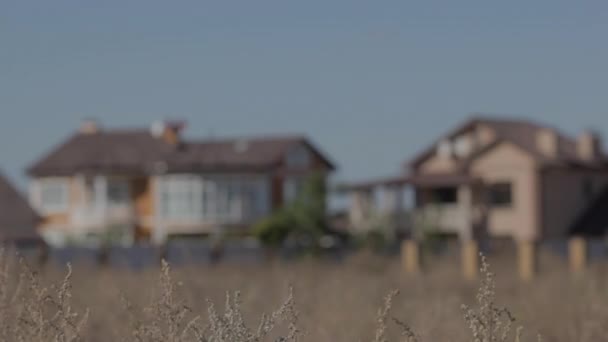 Casas rurales. Verano, día soleado. en la hierba de primer plano en el fondo de las casas. Cielo azul. remar a lo largo de la carretera. paisaje rural con casas en hierba. Hermoso pueblo. 02.07.2016 — Vídeos de Stock