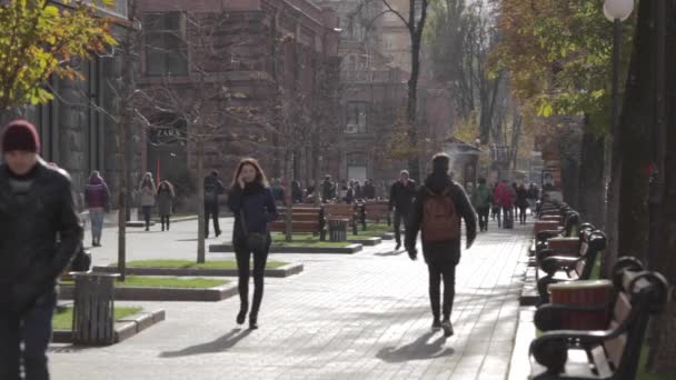 Πλήθος των ανθρώπων που περπατούν στον εμπορικό δρόμο. Ανθρώπους που περπατούν στους δρόμους της πόλης. Φθινοπωρινή μέρα, ηλιόλουστη μέρα. Ντόπιους και τους τουρίστες με τα πόδια κατά μήκος του κεντρικού δρόμου του Kuyv — Αρχείο Βίντεο