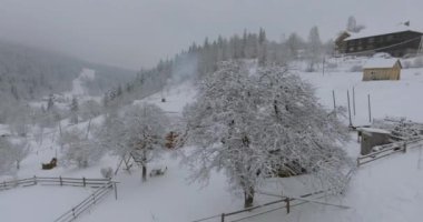 Köyde kış dağ manzarası. Yüksekliği yukarıda karla kaplı ahşap evler uçuş. Kış köyde. Kuş bakışı kışın Seul'den.  