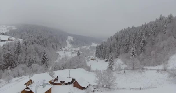 村の冬の山の風景。雪に覆われた木造の上の高さからフライト。冬の村。冬の鳥の目のビューからソウル. — ストック動画