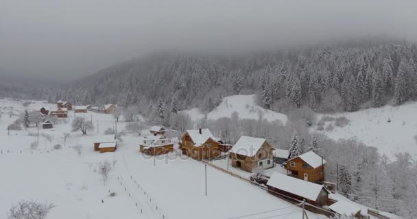 村の冬の山の風景。雪に覆われた木造の上の高さからフライト。冬の村。冬の鳥の目のビューからソウル. — ストック動画