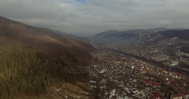 4K Aerial Drone Footage View: Volo sopra il villaggio soleggiato con case, foreste, campi e fiume all'alba luce soffusa. Monti Carpazi, Ucraina, Europa. Paesaggio naturale maestoso. Mondo della bellezza — Video Stock