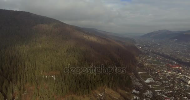 4K Aerial Drone Footage View: Voo sobre a aldeia ensolarada com casas, florestas, campos e rio em luz suave do nascer do sol. Montanhas Cárpatas, Ucrânia, Europa. Majestosa paisagem natural. Mundo da beleza — Vídeo de Stock