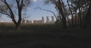 Hava Anket: Kiev-Akademgorodok. Cityscape havadan. Orman manzara metropol ve göl manzaralı. şehrin kenarında güzel bir göl. bir göl kentsel manzara ile yeşil orman.