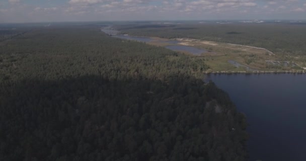 aérien : Paysage forestier avec vue sur le lac. période d'automne, une journée ensoleillée avec des nuages. une belle forêt au bord du lac, une sorte de haut. arbres verts se tiennent près de l'eau. paysage forestier. Ukraine . 