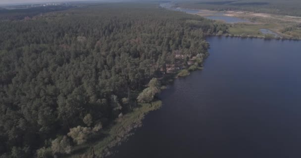 Antena: Las Krajobraz z widokiem na jezioro. w okresie jesiennym, słoneczny dzień z chmury. piękny las nad jeziorem, rodzaj wysokiej. zielone drzewa stoją nad wodą. krajobraz las. Ukraina. — Wideo stockowe