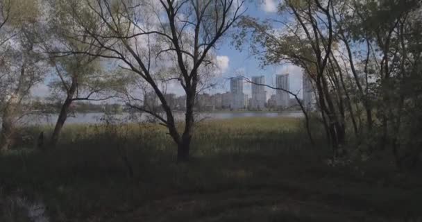 Estudio aéreo: Kiev-Akademgorodok. paisaje urbano desde el aire. Paisaje forestal con vistas al lago y a la metrópolis. un hermoso lago en el borde de la ciudad. bosque verde con un paisaje urbano lago . — Vídeo de stock