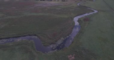 Hava anket. küçük bir nehir yeşil bir alana geçer. Bir kuş bakışı nehirden manzaralı güzel bir alan. yaz günü, bulutlar gölgeler sahada yalan..