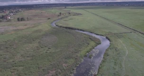 空中调查一条小河穿过一片绿色的田野。一个美丽的田野, 从鸟瞰的河流的视线。夏日, 乌云的阴影躺在田野上. — 图库视频影像