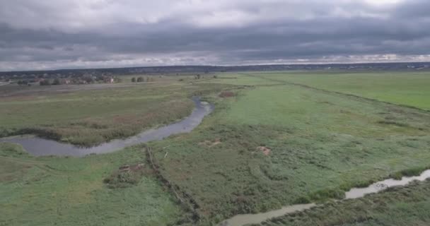 levé aérien. une petite rivière traverse un champ verdoyant. Un beau champ avec vue sur la rivière d'un point de vue d'oiseau. jour d'été, les ombres des nuages reposent sur le champ .