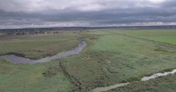 空中调查一条小河穿过一片绿色的田野。一个美丽的田野, 从鸟瞰的河流的视线。夏日, 乌云的阴影躺在田野上. — 图库视频影像