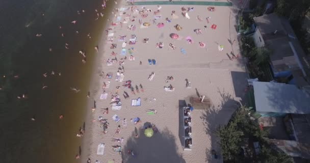 Aerial of the beach. summer sunny day, people are sunbathing on a yellow squeak on the bank of the Dnieper river city of Kiev. day off, vacation on the beach. a large number of tourists swim. — Stock Video