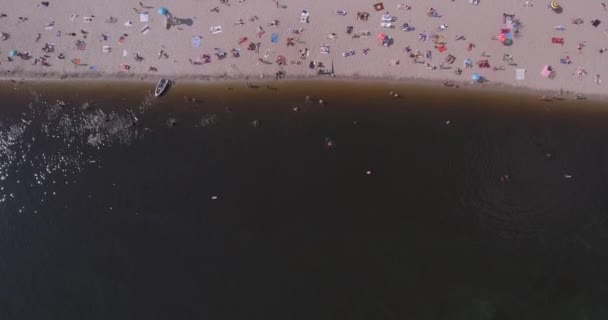 Aeriană a plajei. Zi însorită de vară, oamenii fac plajă pe un scârțâit galben pe malul orașului Kiev, râul Nipru. O zi liberă, vacanţă pe plajă. Un număr mare de turiști înoată . — Videoclip de stoc