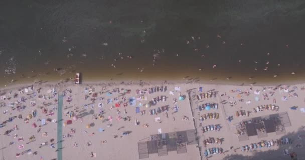 Воздушное пространство пляжа. летний солнечный день, люди загорают на желтом скрипе на берегу Днепра. выходной, отпуск на пляже. большое количество туристов плавает . — стоковое видео