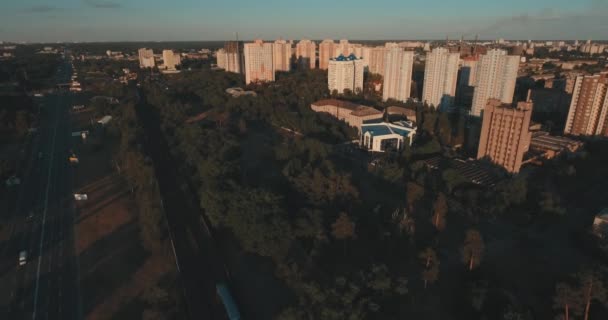 Aerial Streets High Rise Buildings Sunrise Summer Morning Cityscape Bird — Stock Video