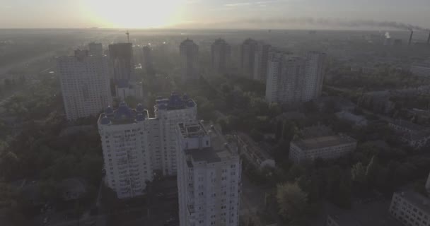 Aerial Streets High Rise Buildings Sunrise Summer Morning Cityscape Bird — Stock Video