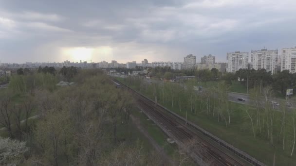 Comboio Metro Aéreo Carros Metrô Chegam Plataforma Trem Metrô Atravessa — Vídeo de Stock