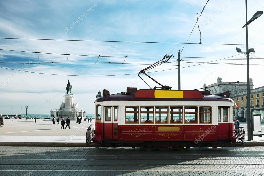 Vintage tramway at the Commerce Square in Lisbon, Portugal