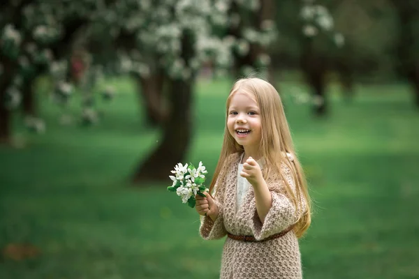 Malá holčička chodí v zahradě apple — Stock fotografie