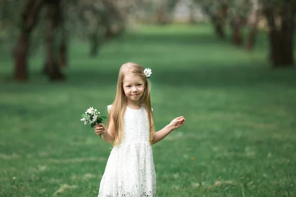 Menina está andando em um jardim de maçã — Fotografia de Stock