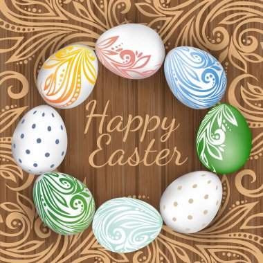 boyalı yumurta ve çiçek tebrik kartı şablonu. El yazısı yazıt Mutlu Paskalyalar, vektör çizim