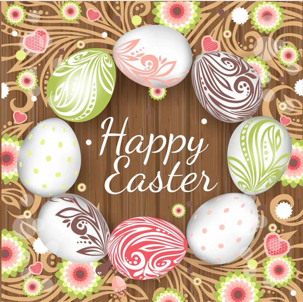 Wenskaartsjabloon Met Beschilderde Eieren Bloemen Handgeschreven Inscriptie Happy Easter Vectorillustratie — Stockvector