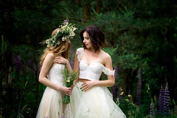 Boda. La novia en un vestido blanco de pie y abrazando novia — Foto de Stock