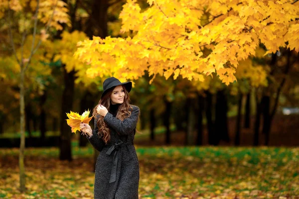 Woman with autumn leaves in hand and fall yellow maple garden background — Stock Photo, Image
