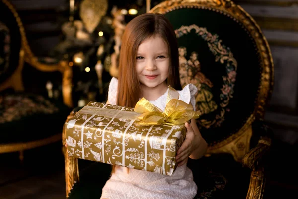 Petite fille souriante avec boîte cadeau de Noël . — Photo