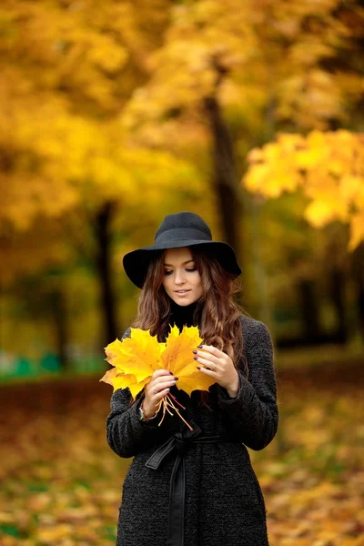 Donna con foglie autunnali in mano e acero giallo autunno giardino sfondo — Foto Stock