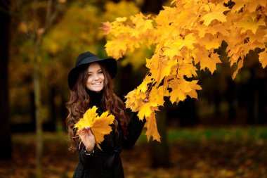 sonbahar kadınla el bırakır ve sarı akçaağaç Bahçe arka plan düşmek