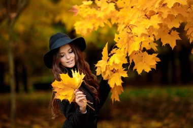 sonbahar kadınla el bırakır ve sarı akçaağaç Bahçe arka plan düşmek