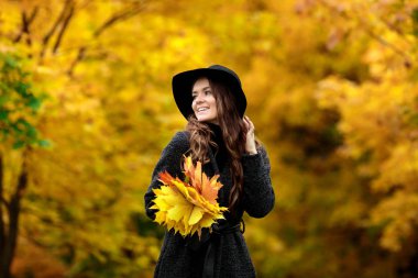 sonbahar kadınla el bırakır ve sarı akçaağaç Bahçe arka plan düşmek