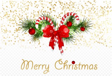 Çam dalları ve şeker kamışı dekore edilmiş yay ile Noel arka plan.