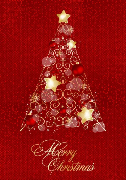 Dekorerad julgran med stjärna, lampor, dekoration bollar. God jul och ett gott nytt år. — Stock vektor