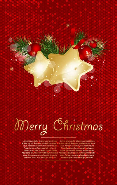 Різдвяний фон з ялиновими гілками та золотими зірками з прикрасами. Векторні ілюстрації — стоковий вектор