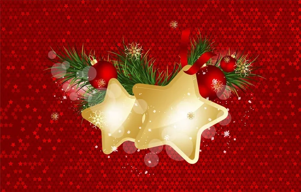 Sfondo natalizio con rami di abete e stelle dorate con decorazioni. Illustrazione vettoriale — Vettoriale Stock