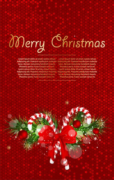 Fondo de Navidad con ramas de abeto y arco decorado con bastón de caramelo . — Archivo Imágenes Vectoriales