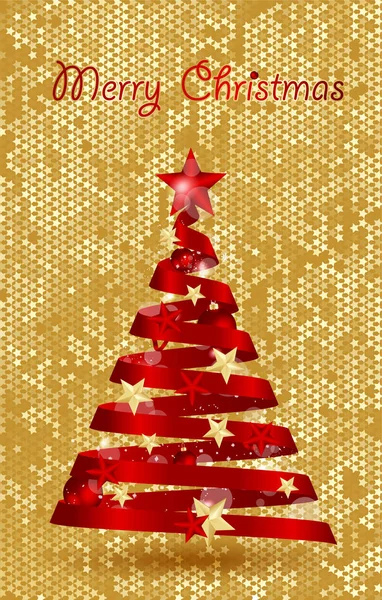 Versierd kerstboom met ster, verlichting, decoratie ballen. Prettige kerstdagen en een gelukkig Nieuwjaar. — Stockvector