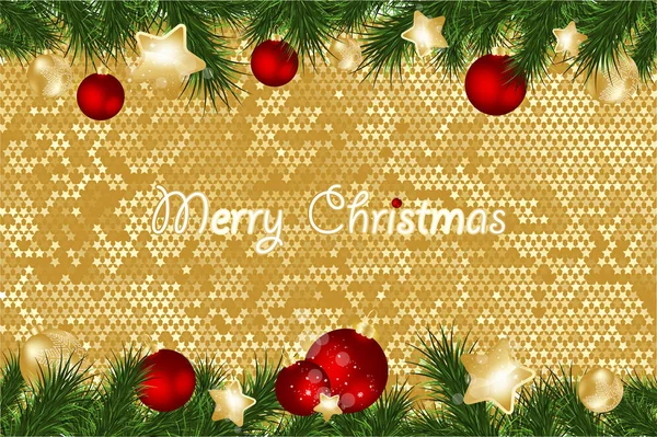 Kerstmis Achtergrond Met Spar Takken Rode Ballen Gouden Sterren Decoraties — Stockvector