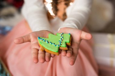 Bir gingerbread Noel ağacı tutan kız. Tatil kavramı.