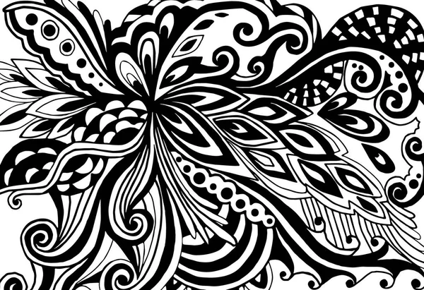 Padrão doodle folhoso desenhado à mão bstract em preto e branco . — Vetor de Stock