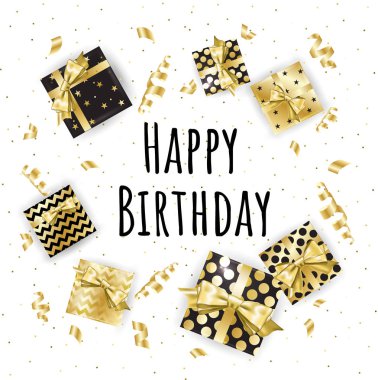 Altın hediye kutuları ve siyah arka plan üzerine konfeti. Doğum günü şablonu.