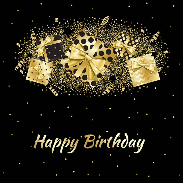 Goldene Geschenkschachteln und Konfetti auf schwarzem Hintergrund. Geburtstagsvorlage. — Stockvektor
