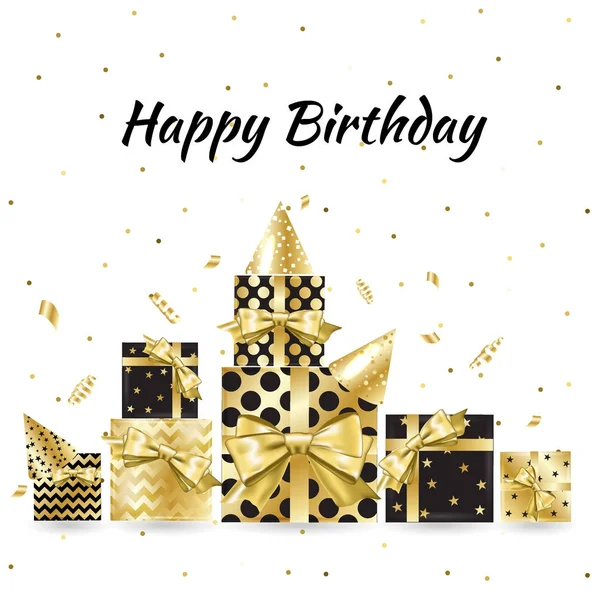 Goldene Geschenkschachteln und Konfetti auf schwarzem Hintergrund. Geburtstagsvorlage. — Stockvektor