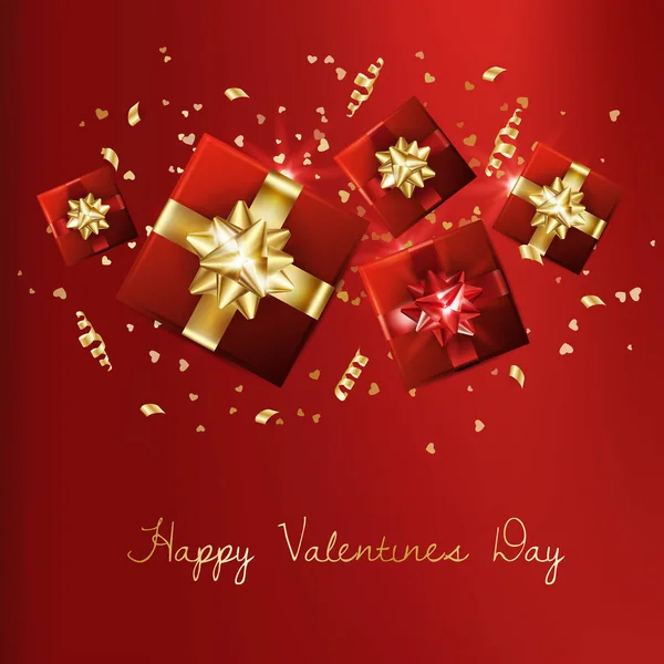 Вітальна Листівка Декоративними Подарунковими Коробками Бантами Концепція Дня Святого Валентина — стоковий вектор