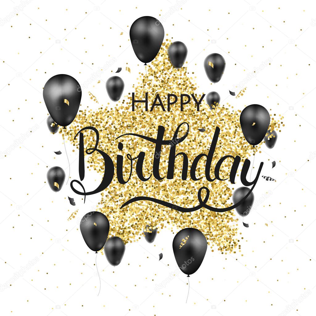 Happy Birthday typography vector design for greeting cards and poster with balloon, confetti and gift box, design template for birthday celebration.