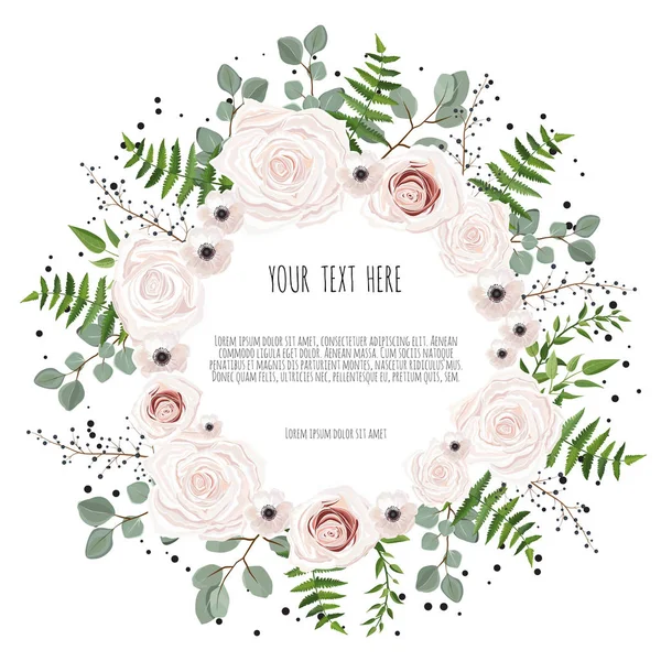 花卉卡设计与粉红色 奶油白色花园玫瑰 矢量奢华典雅的问候 明信片 — 图库矢量图片