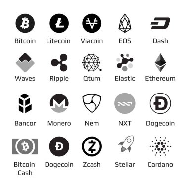 cryptocurrency logo kümesini Bitcoin, Nem, Dash, Litecoin, Monero, Ethereum, Dash dalgalanma ve diğer paralar